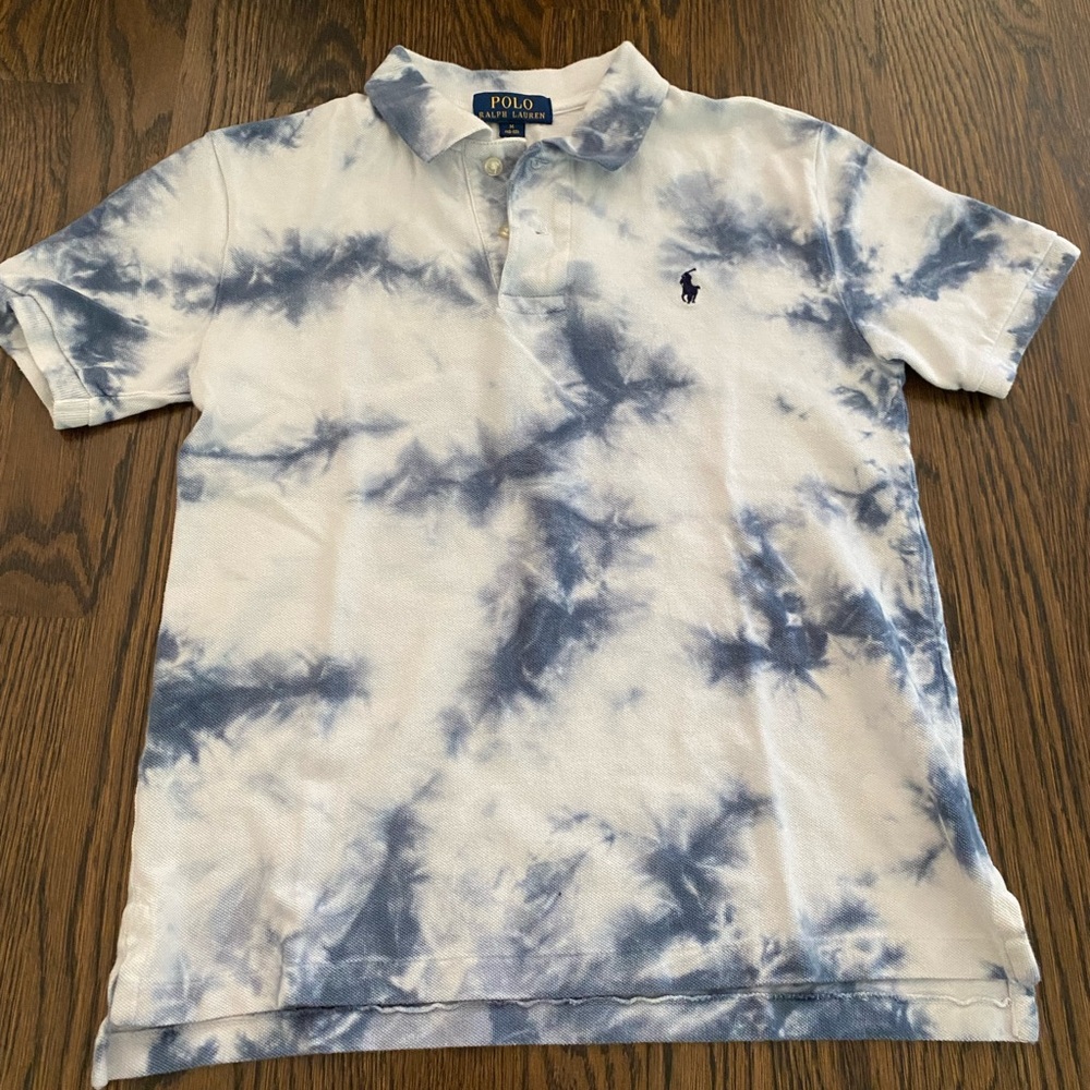 Blue and white Tie Dye Polo collared shirt with 2 buttons